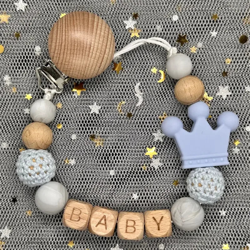 Flowers Custom Name Silicone Beads Wooden Ring Pacifier Clips