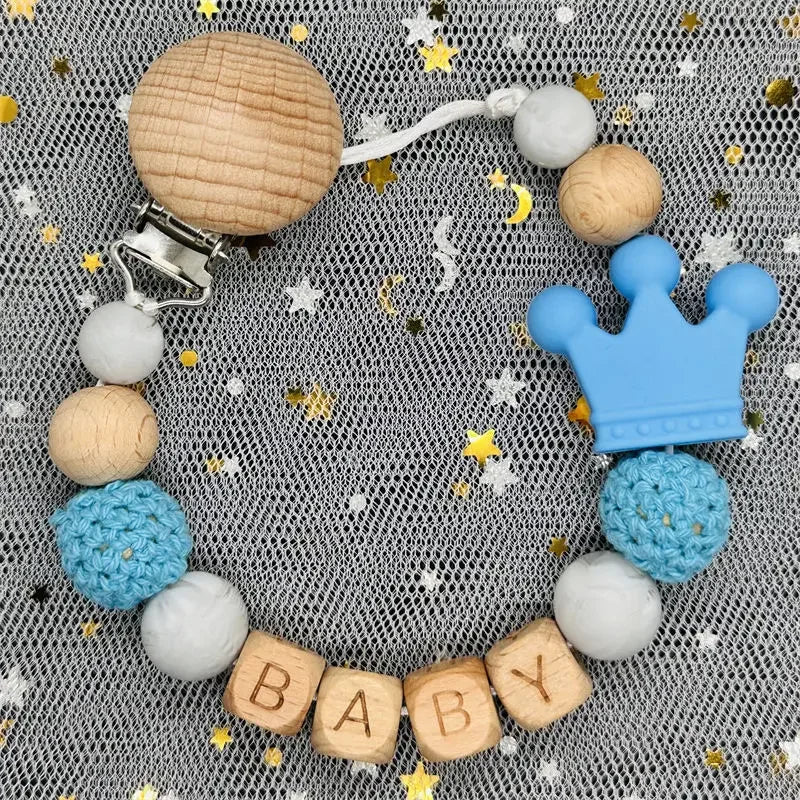 Flowers Custom Name Silicone Beads Wooden Ring Pacifier Clips