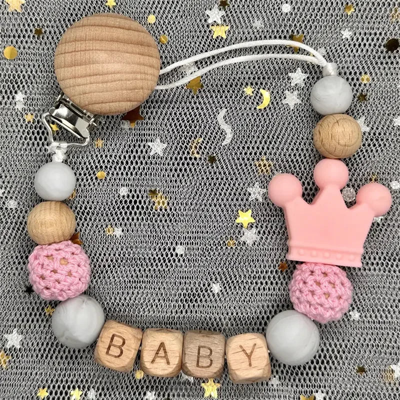 Flowers Custom Name Silicone Beads Wooden Ring Pacifier Clips
