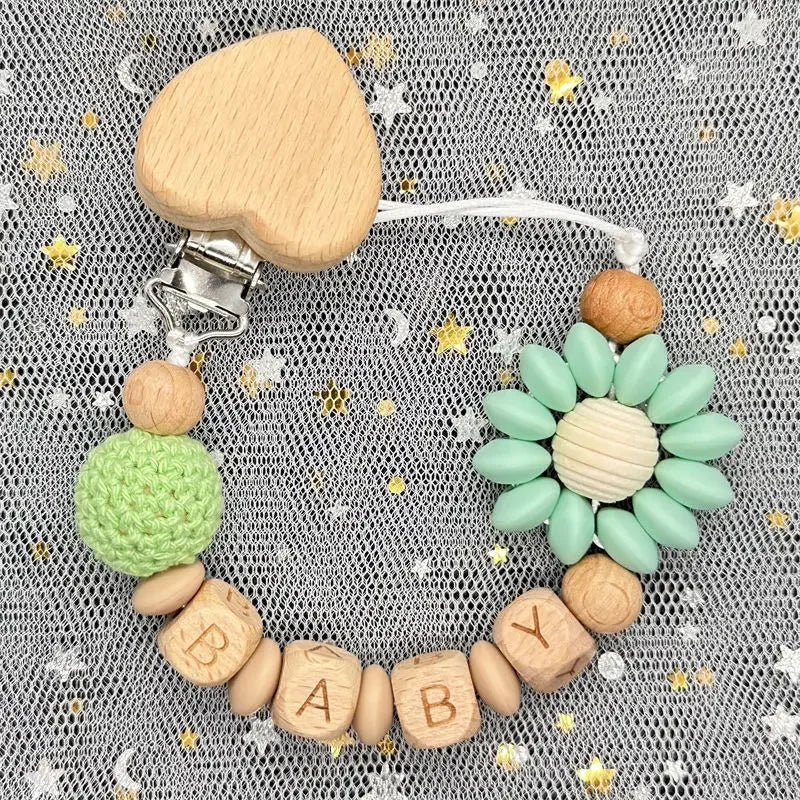 Flowers Custom Name Silicone Beads Wooden Ring Pacifier Clips