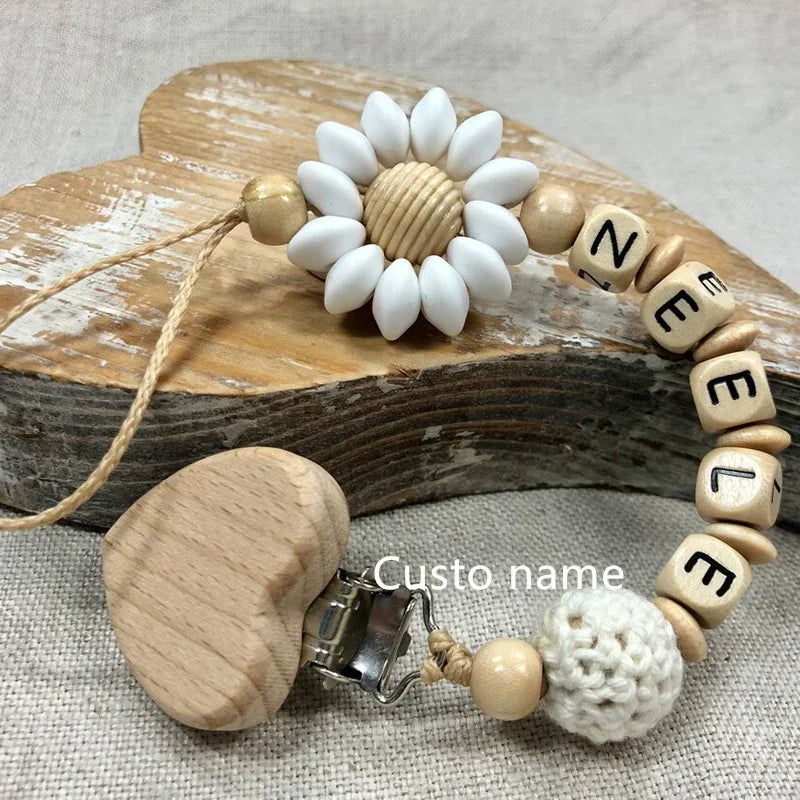 Flowers Custom Name Silicone Beads Wooden Ring Pacifier Clips