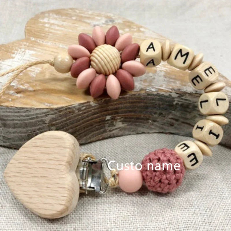 Flowers Custom Name Silicone Beads Wooden Ring Pacifier Clips
