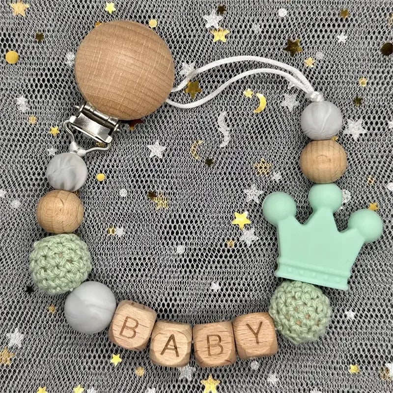 Flowers Custom Name Silicone Beads Wooden Ring Pacifier Clips