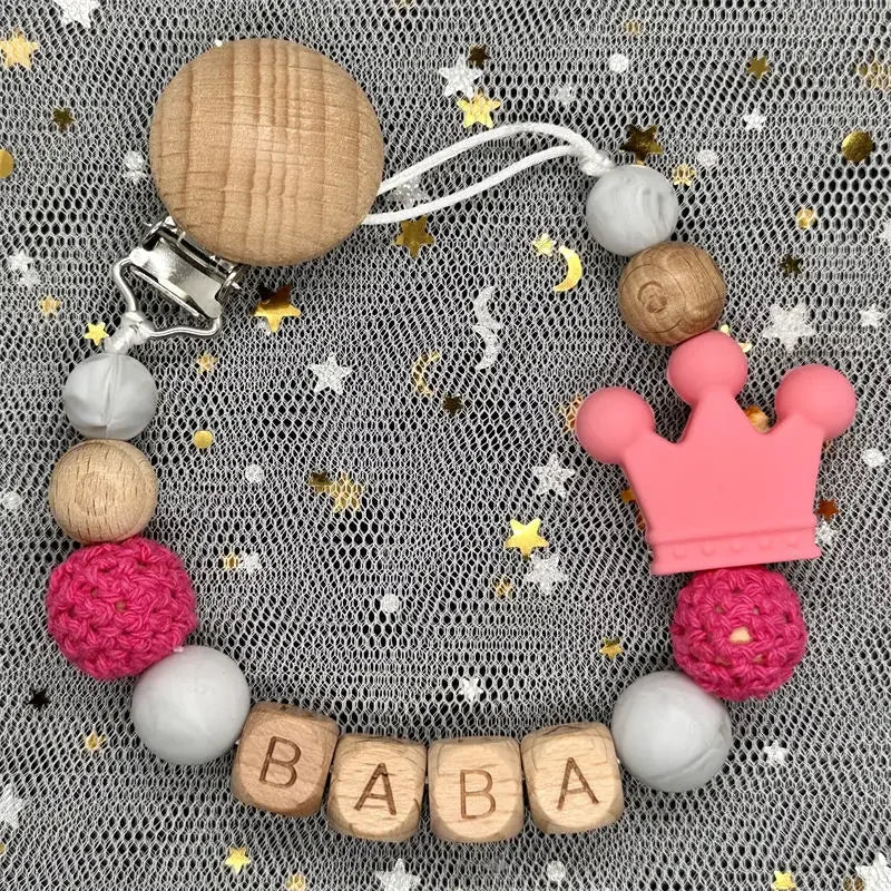 Flowers Custom Name Silicone Beads Wooden Ring Pacifier Clips