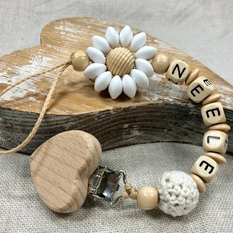 Flowers Custom Name Silicone Beads Wooden Ring Pacifier Clips