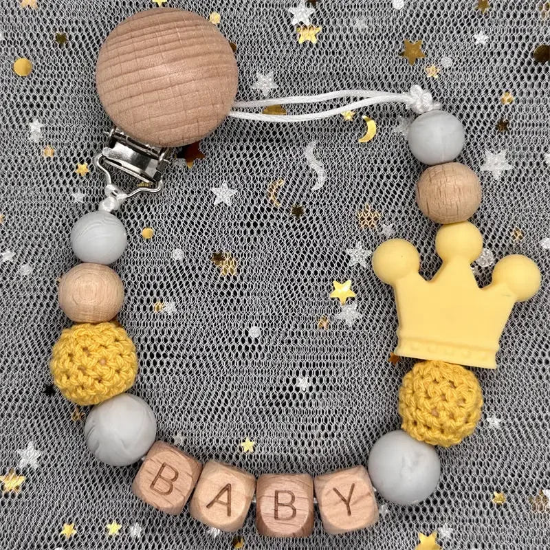 Flowers Custom Name Silicone Beads Wooden Ring Pacifier Clips