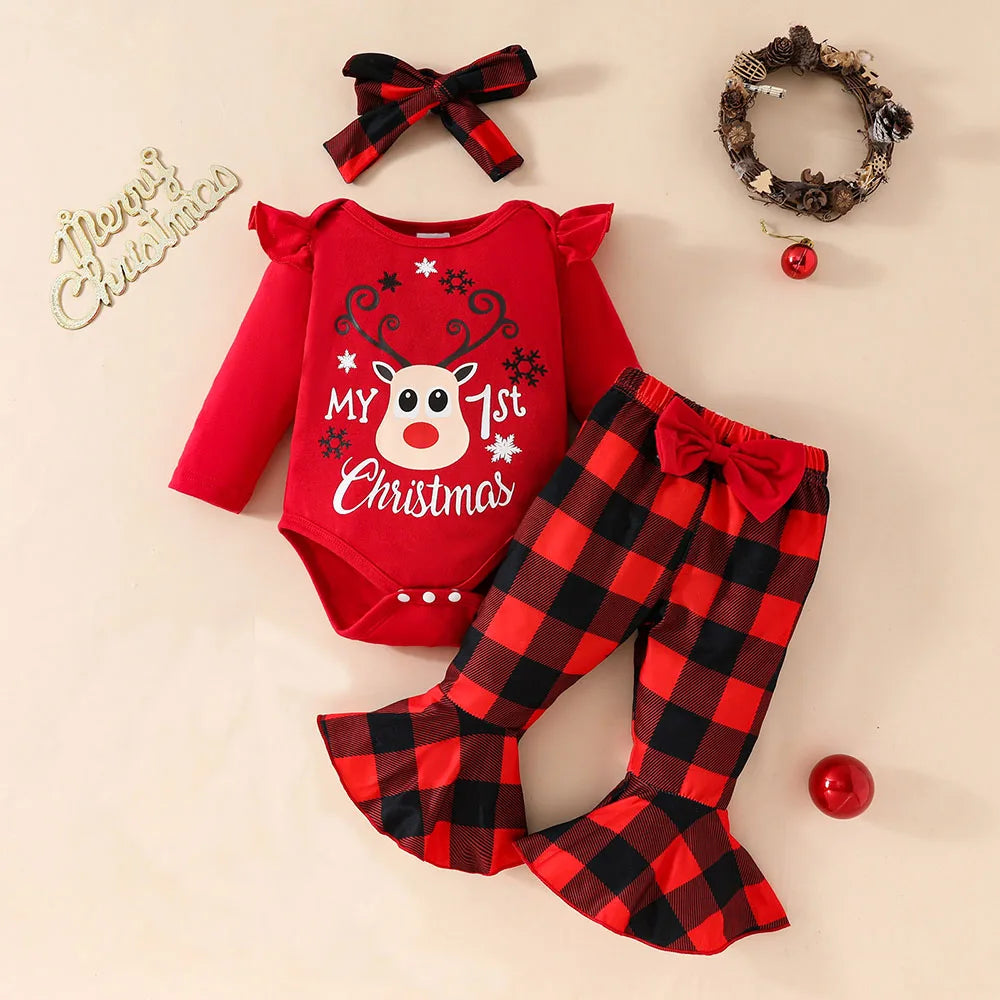 Christmas Baby Girl Outfit Set - Elk Print Bodysuit & Plaid Pants