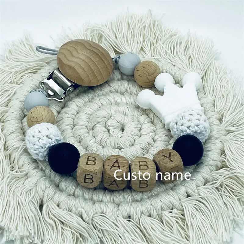 Flowers Custom Name Silicone Beads Wooden Ring Pacifier Clips