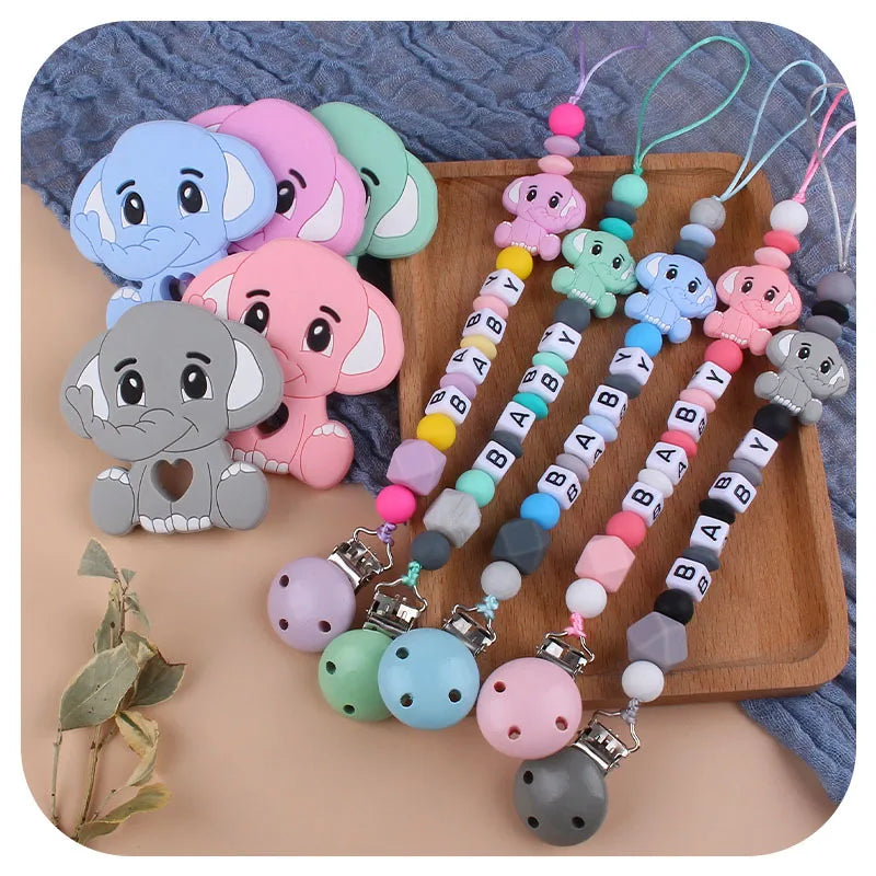 Customized Pacifier Clip Elephant Gum Nipple Chain Set Silicone Teething Toy Gift