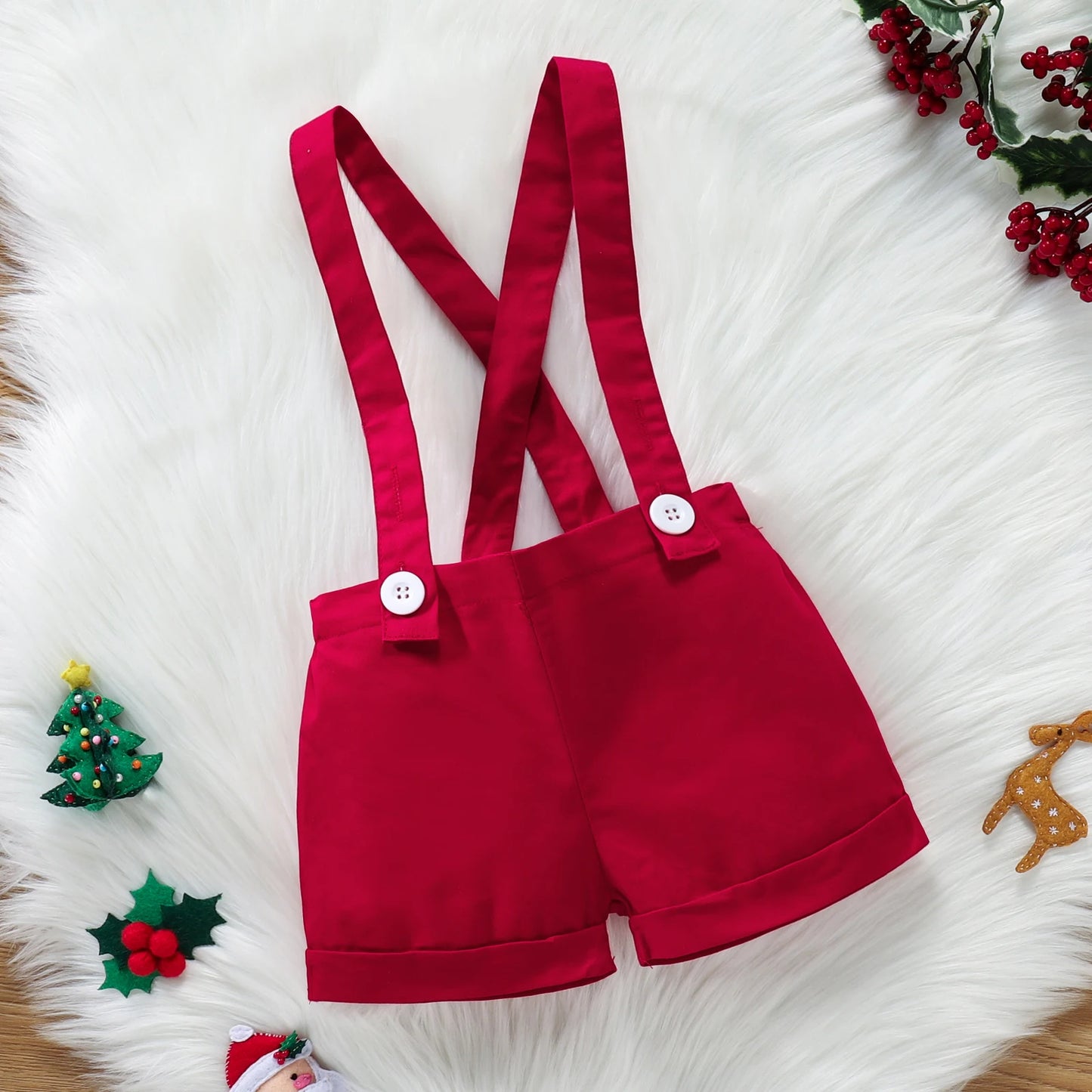 Christmas Baby Outfit Set - Polo Romper & Brace Shorts for Newborns
