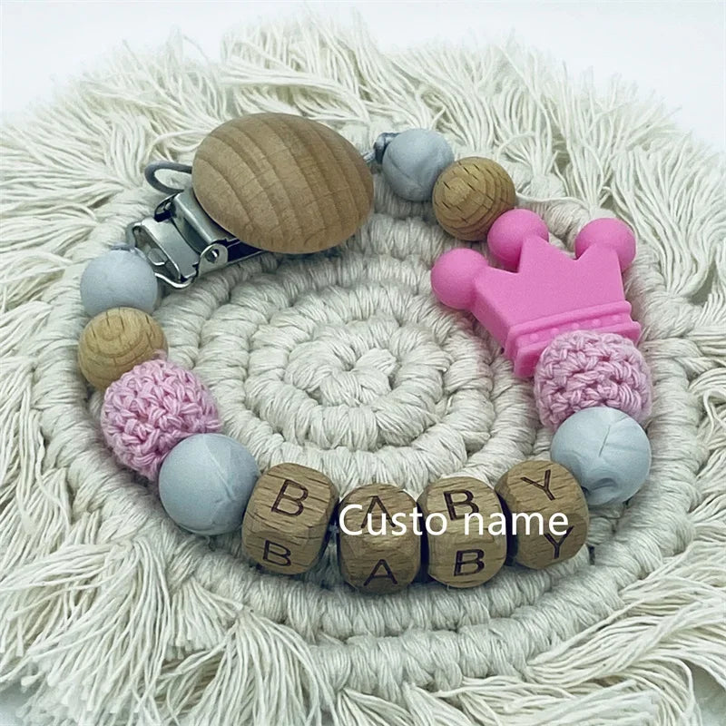Flowers Custom Name Silicone Beads Wooden Ring Pacifier Clips