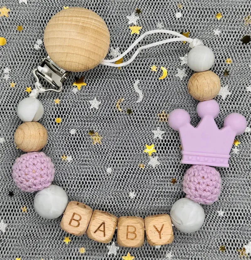 Flowers Custom Name Silicone Beads Wooden Ring Pacifier Clips
