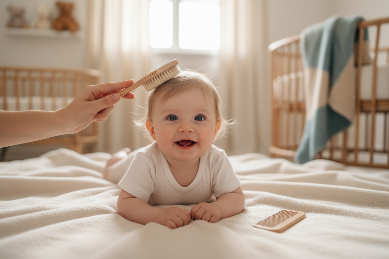 Baby using wooden brush set