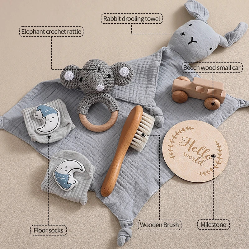 Baby Gift Set Newborn Infant Baby Towel, Wood Rattle Growth Milestone,Wool Brush Baby Socks