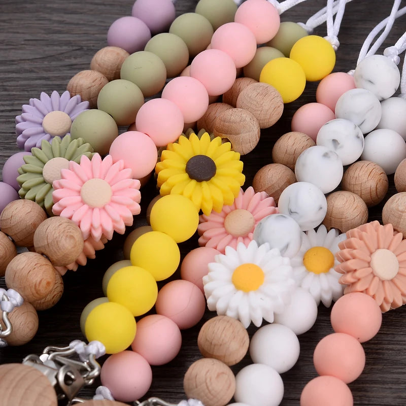 Baby Wooden Dummy Holder Clip Handmade Flowers Silicone Beaded