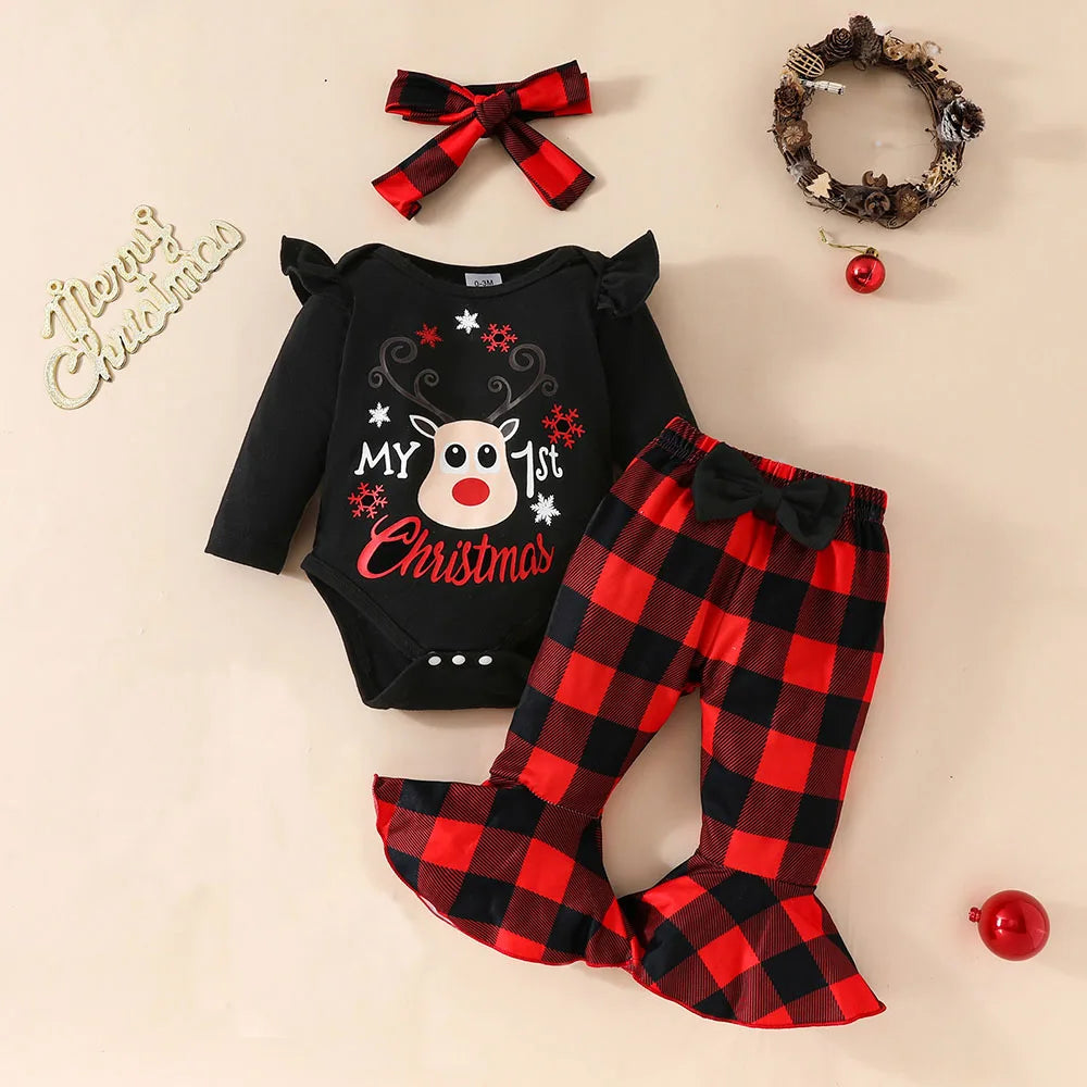 Christmas Baby Girl Outfit Set - Elk Print Bodysuit & Plaid Pants