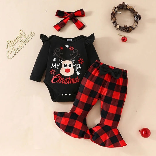 Christmas Baby Girl Outfit Set - Elk Print Bodysuit & Plaid Pants