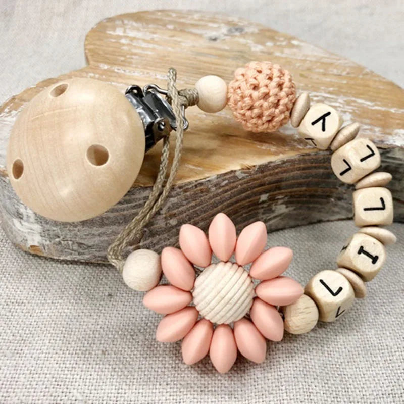 Flowers Custom Name Silicone Beads Wooden Ring Pacifier Clips