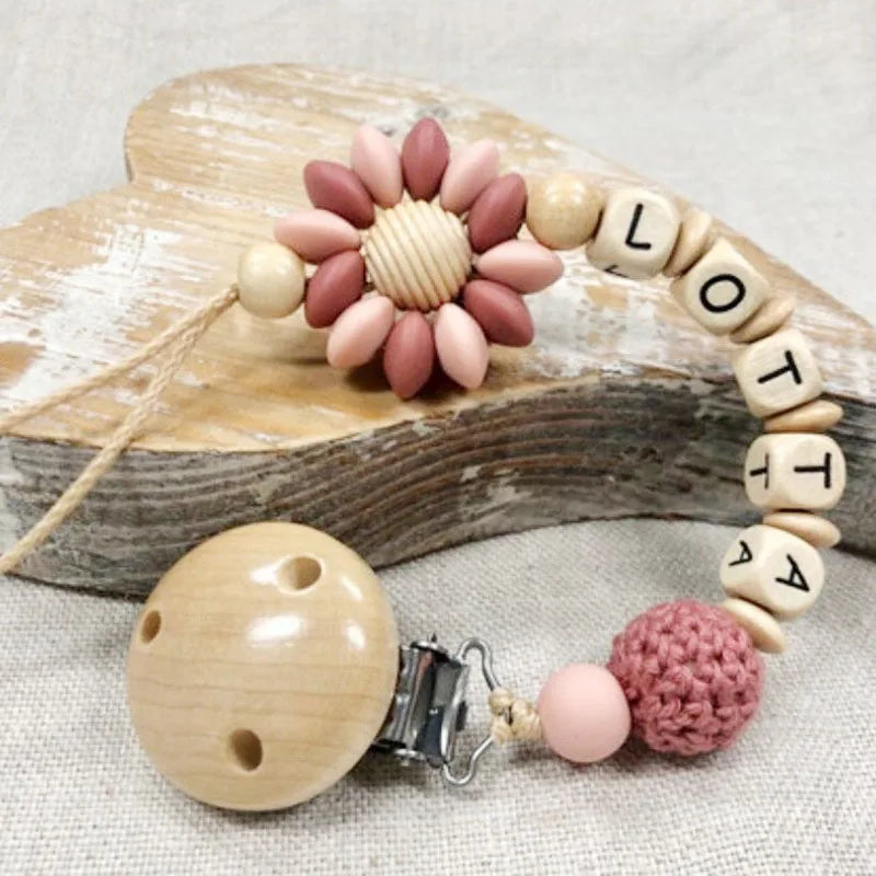 Flowers Custom Name Silicone Beads Wooden Ring Pacifier Clips