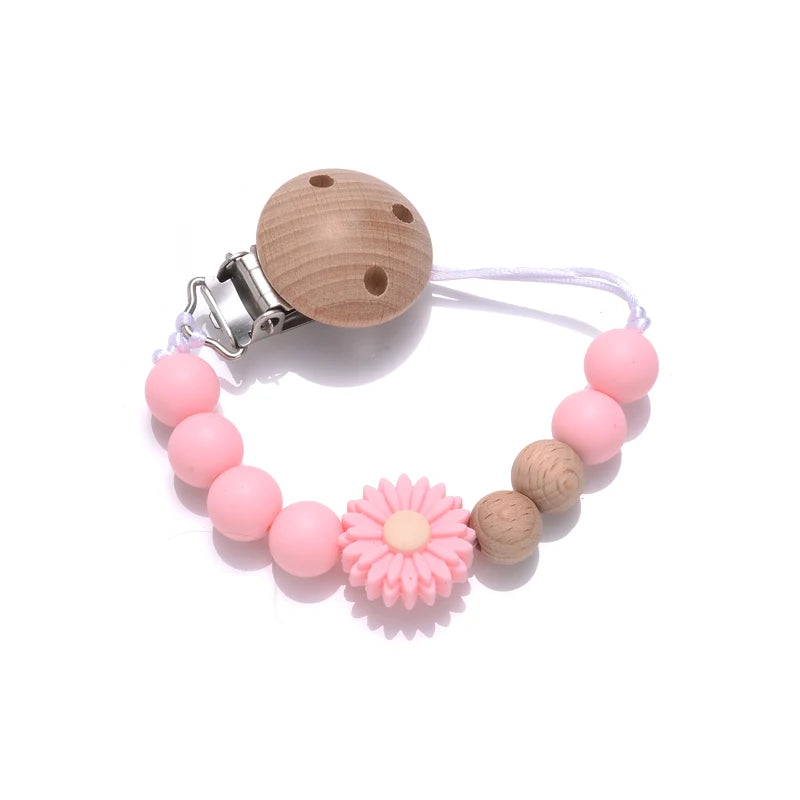 Baby Wooden Dummy Holder Clip Handmade Flowers Silicone Beaded