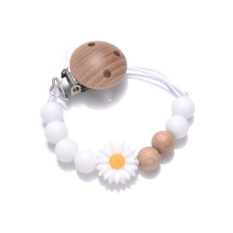 Baby Wooden Dummy Holder Clip Handmade Flowers Silicone Beaded
