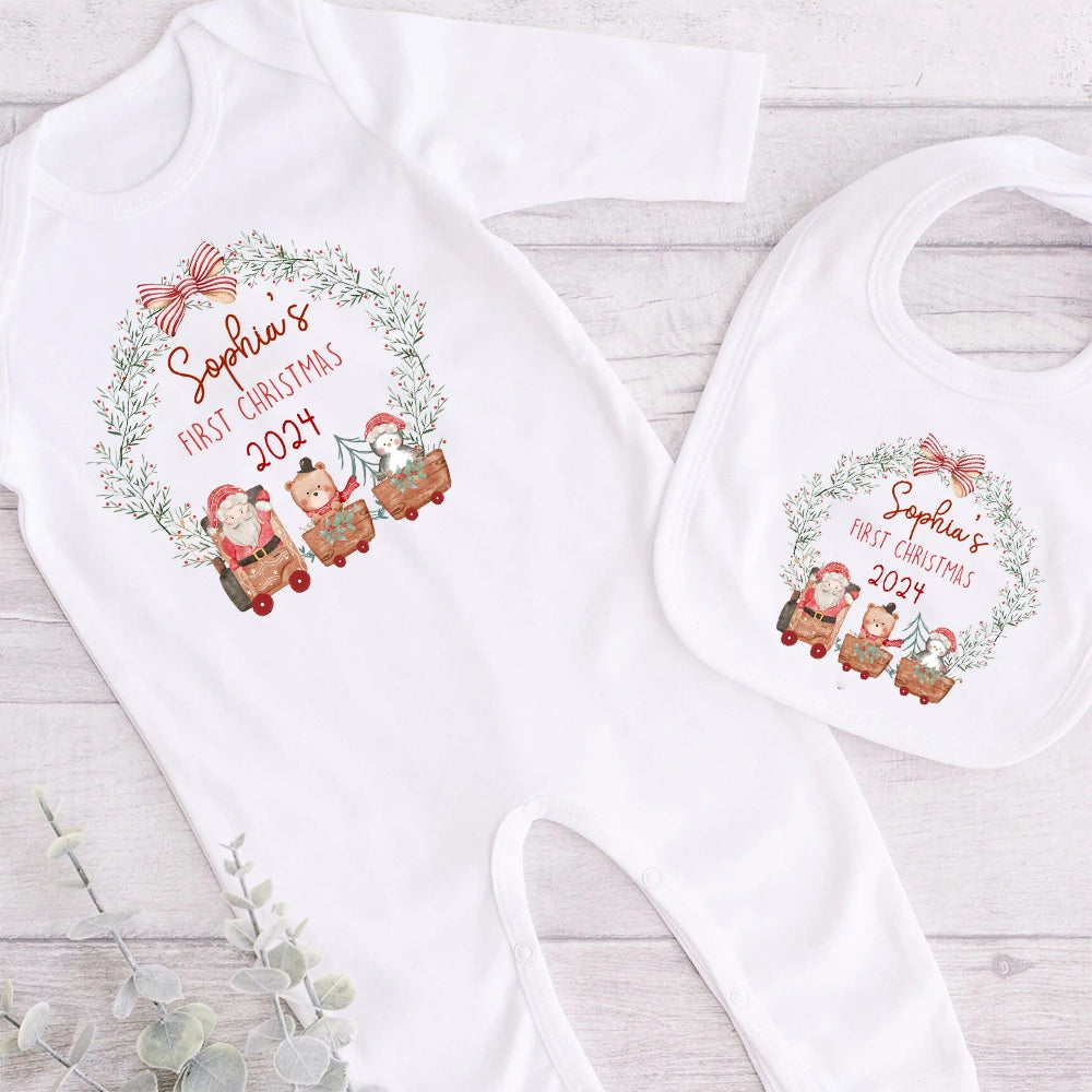Personalized Baby's First Christmas Sleepsuit & Bibs Set - 1st Xmas Gift