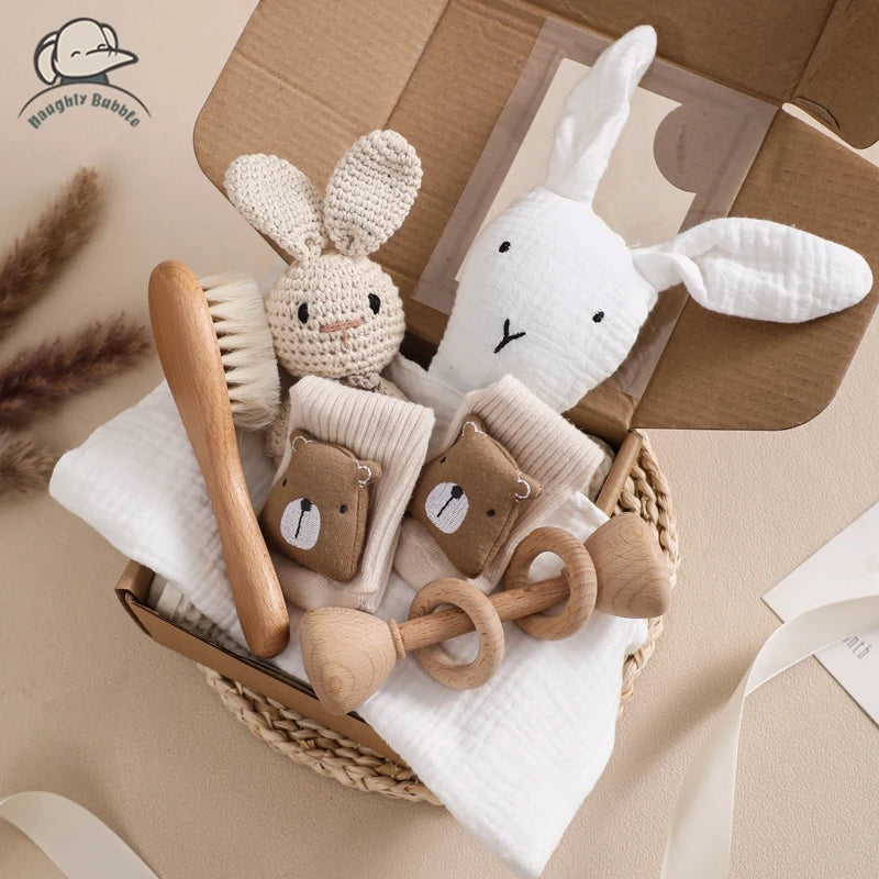 Baby Gift Set Newborn Infant Baby Towel, Wood Rattle Growth Milestone,Wool Brush Baby Socks