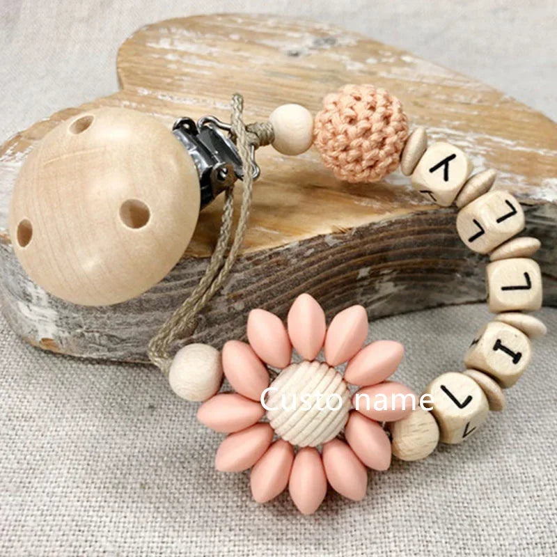 Flowers Custom Name Silicone Beads Wooden Ring Pacifier Clips