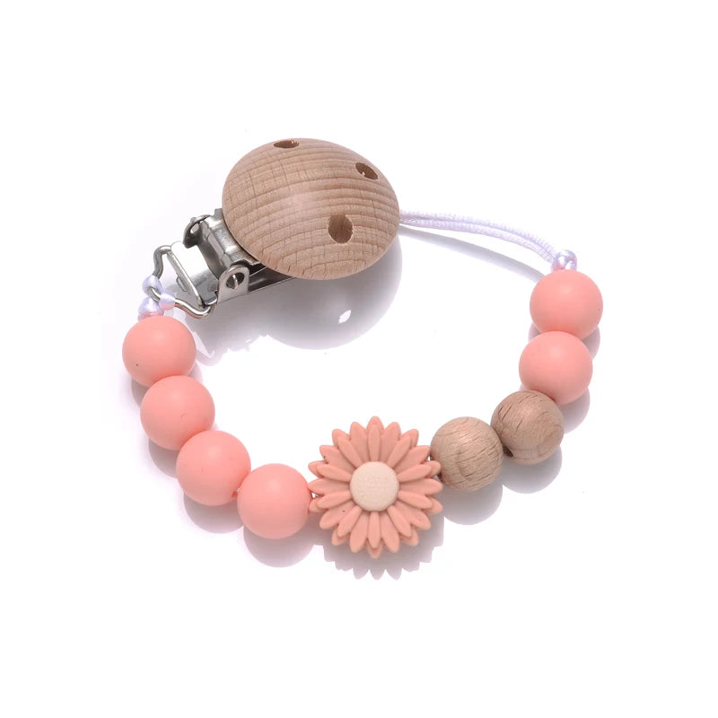 Baby Wooden Dummy Holder Clip Handmade Flowers Silicone Beaded