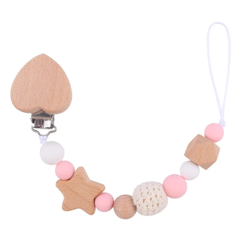 Customized Baby Carve  Five Pointed Star Silicone Wooden Ring Pacifier Clip