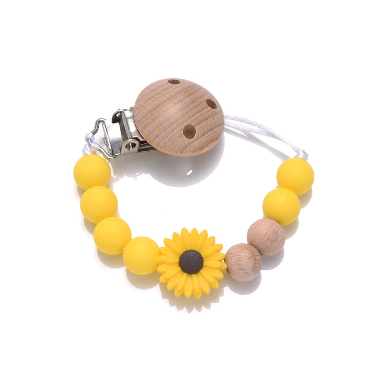 Baby Wooden Dummy Holder Clip Handmade Flowers Silicone Beaded
