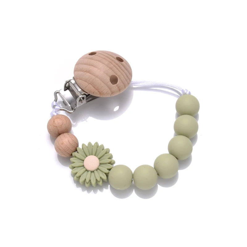 Baby Wooden Dummy Holder Clip Handmade Flowers Silicone Beaded