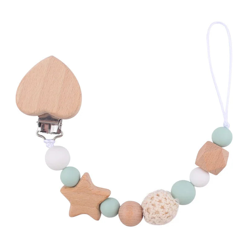 Customized Baby Carve  Five Pointed Star Silicone Wooden Ring Pacifier Clip