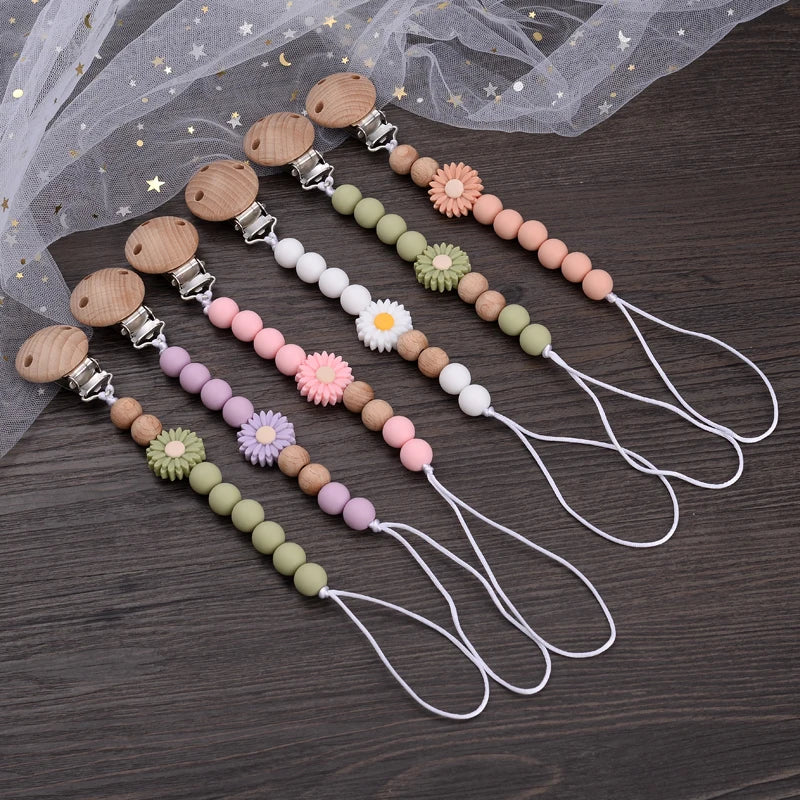 Baby Wooden Dummy Holder Clip Handmade Flowers Silicone Beaded
