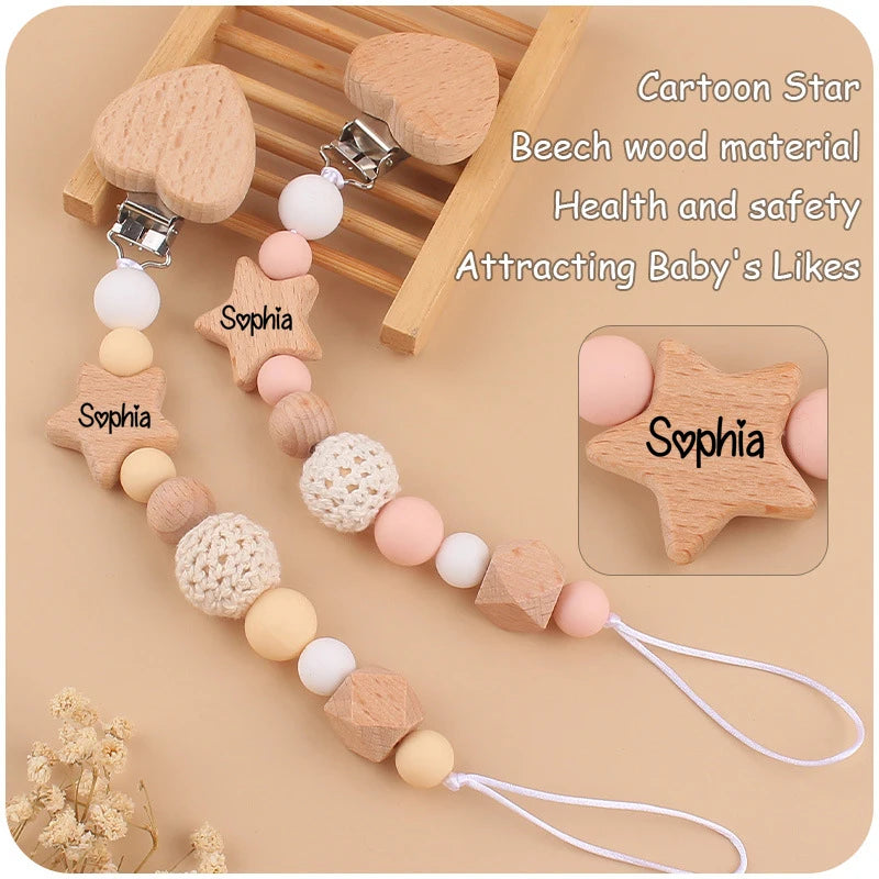 Customized Baby Carve  Five Pointed Star Silicone Wooden Ring Pacifier Clip