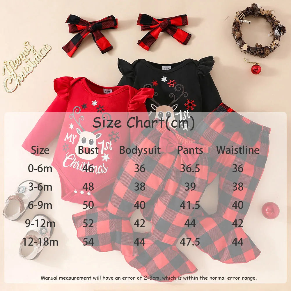 Christmas Baby Girl Outfit Set - Elk Print Bodysuit & Plaid Pants