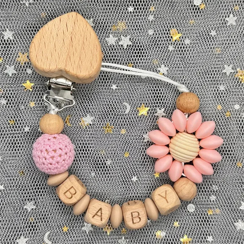 Flowers Custom Name Silicone Beads Wooden Ring Pacifier Clips
