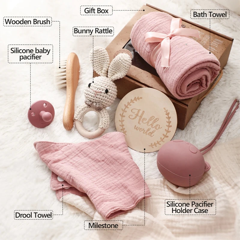 Baby Gift Set Newborn Infant Baby Towel, Wood Rattle Growth Milestone,Wool Brush Baby Socks