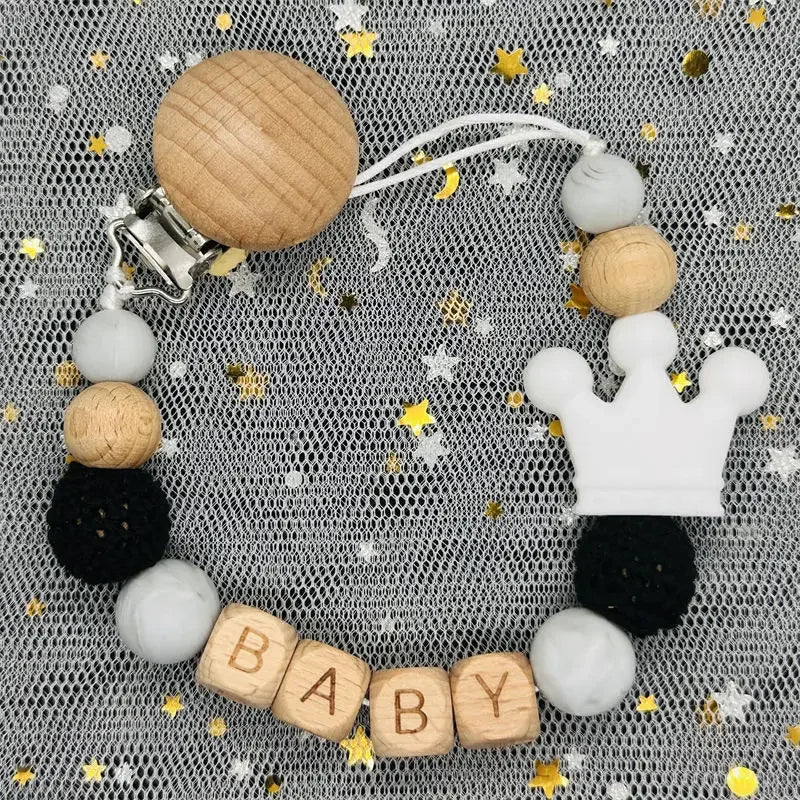 Flowers Custom Name Silicone Beads Wooden Ring Pacifier Clips