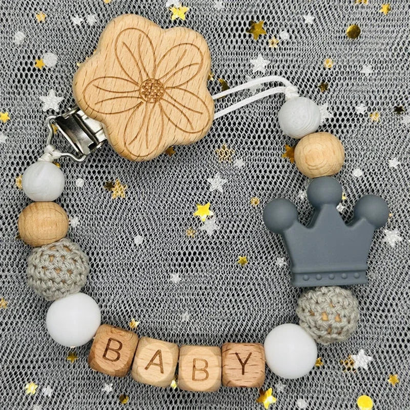 Flowers Custom Name Silicone Beads Wooden Ring Pacifier Clips