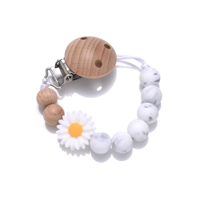 Baby Wooden Dummy Holder Clip Handmade Flowers Silicone Beaded