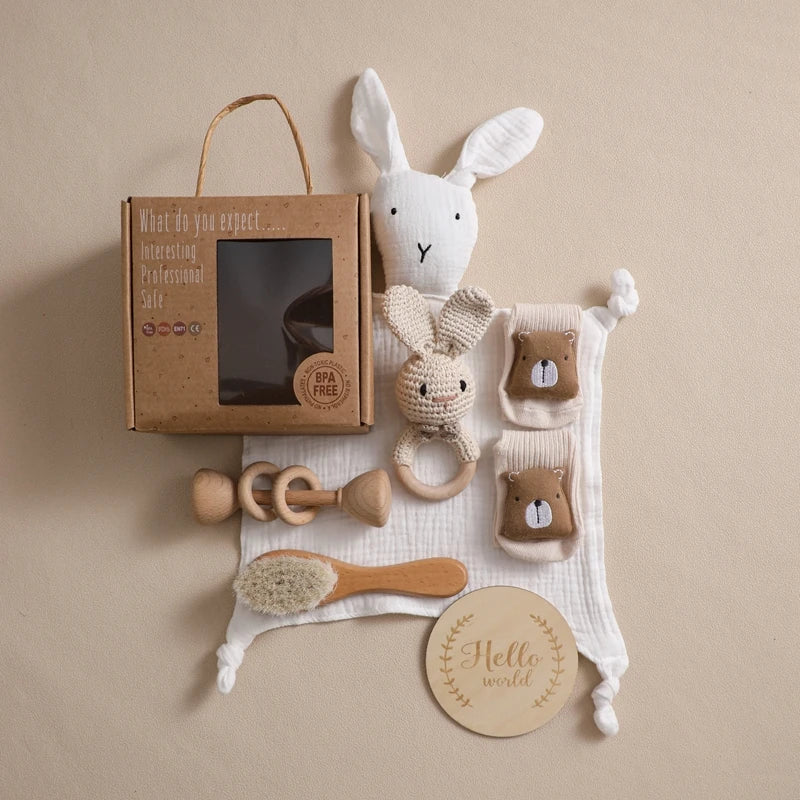 Baby Gift Set Newborn Infant Baby Towel, Wood Rattle Growth Milestone,Wool Brush Baby Socks