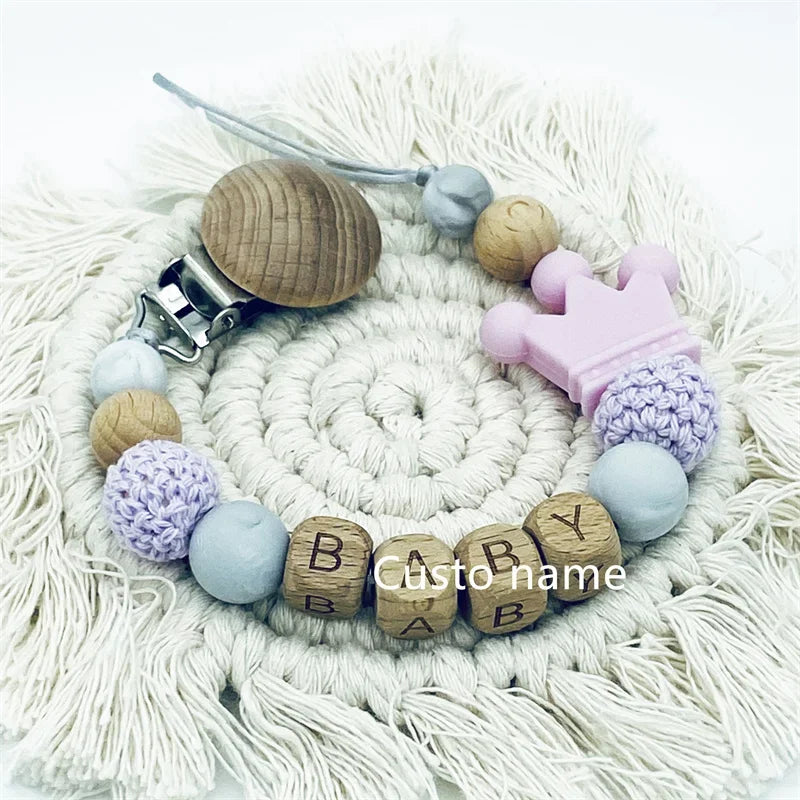 Flowers Custom Name Silicone Beads Wooden Ring Pacifier Clips