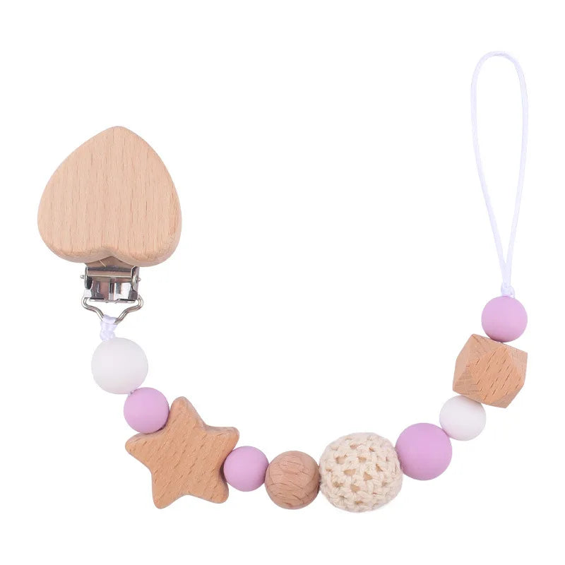 Customized Baby Carve  Five Pointed Star Silicone Wooden Ring Pacifier Clip