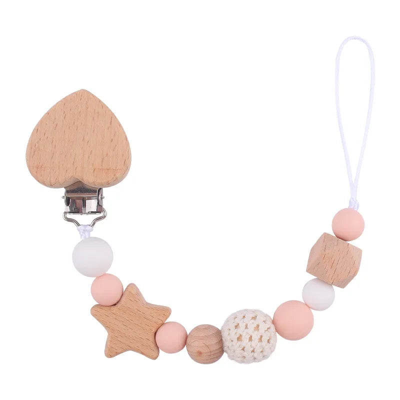Customized Baby Carve  Five Pointed Star Silicone Wooden Ring Pacifier Clip