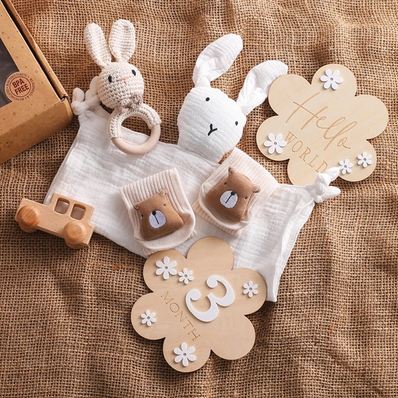 Newborn Double Sided Cotton Blanket Wooden Ring Crochet Bunny Rattle Toys