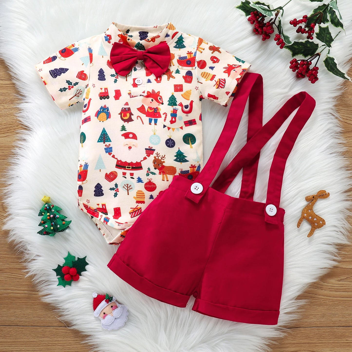 Christmas Baby Outfit Set - Polo Romper & Brace Shorts for Newborns