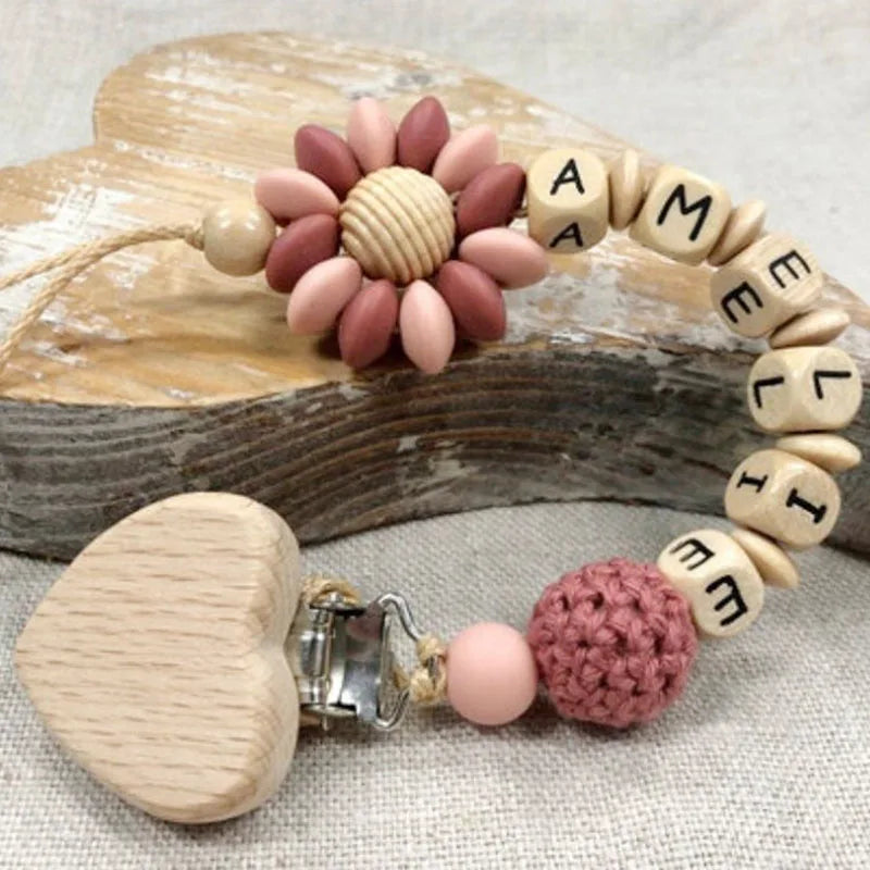 Flowers Custom Name Silicone Beads Wooden Ring Pacifier Clips