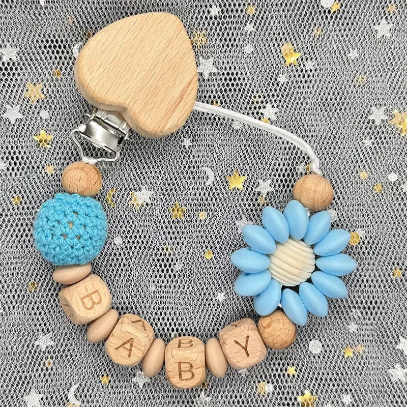Flowers Custom Name Silicone Beads Wooden Ring Pacifier Clips