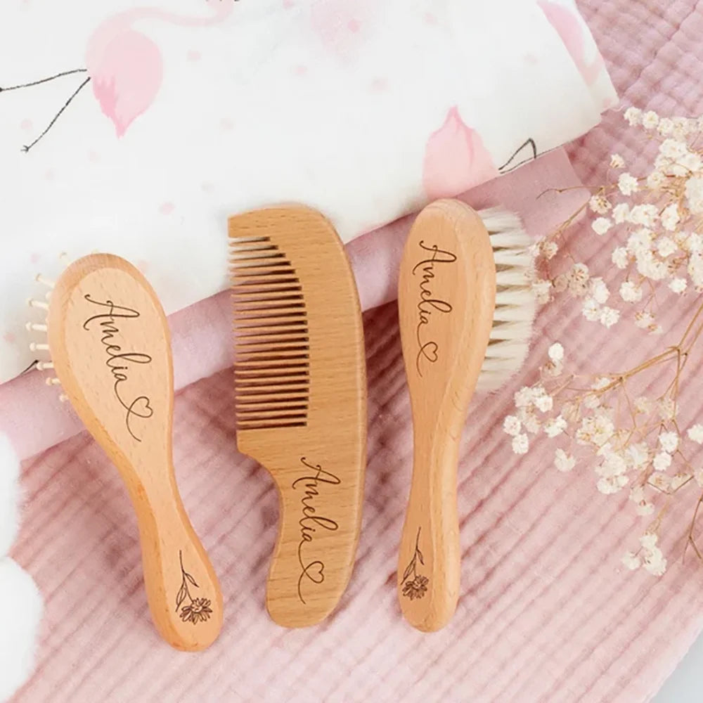 3 Pcs Personalized Wooden Baby Brush & Comb Set